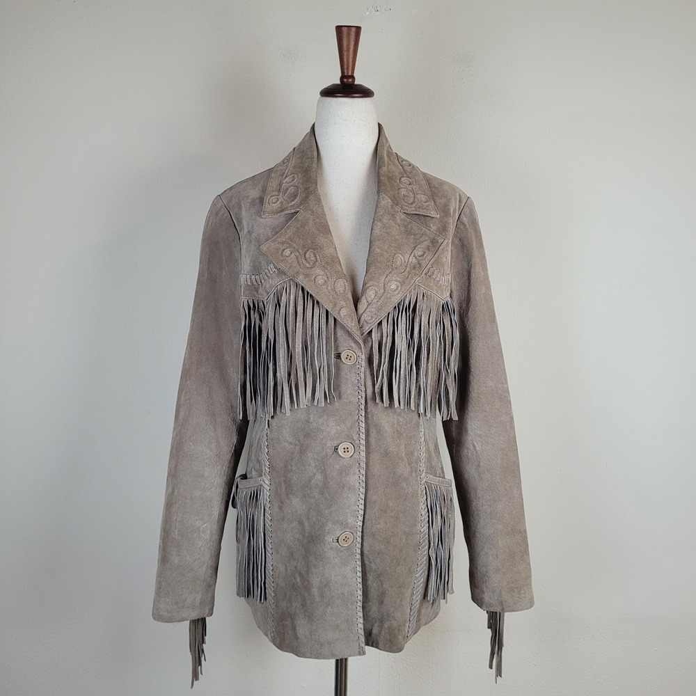 B Lucid Jacket Large Beidge Suede Fringe Western Embroidered Cowgirl Ranch Rodeo